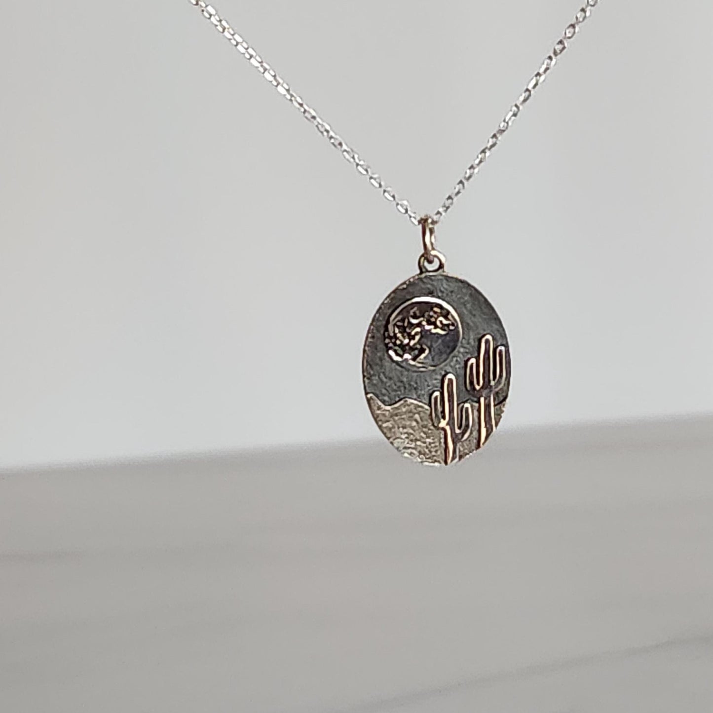 Desert Cactus Pendant Necklace - Sterling Silver Saguaro Moon