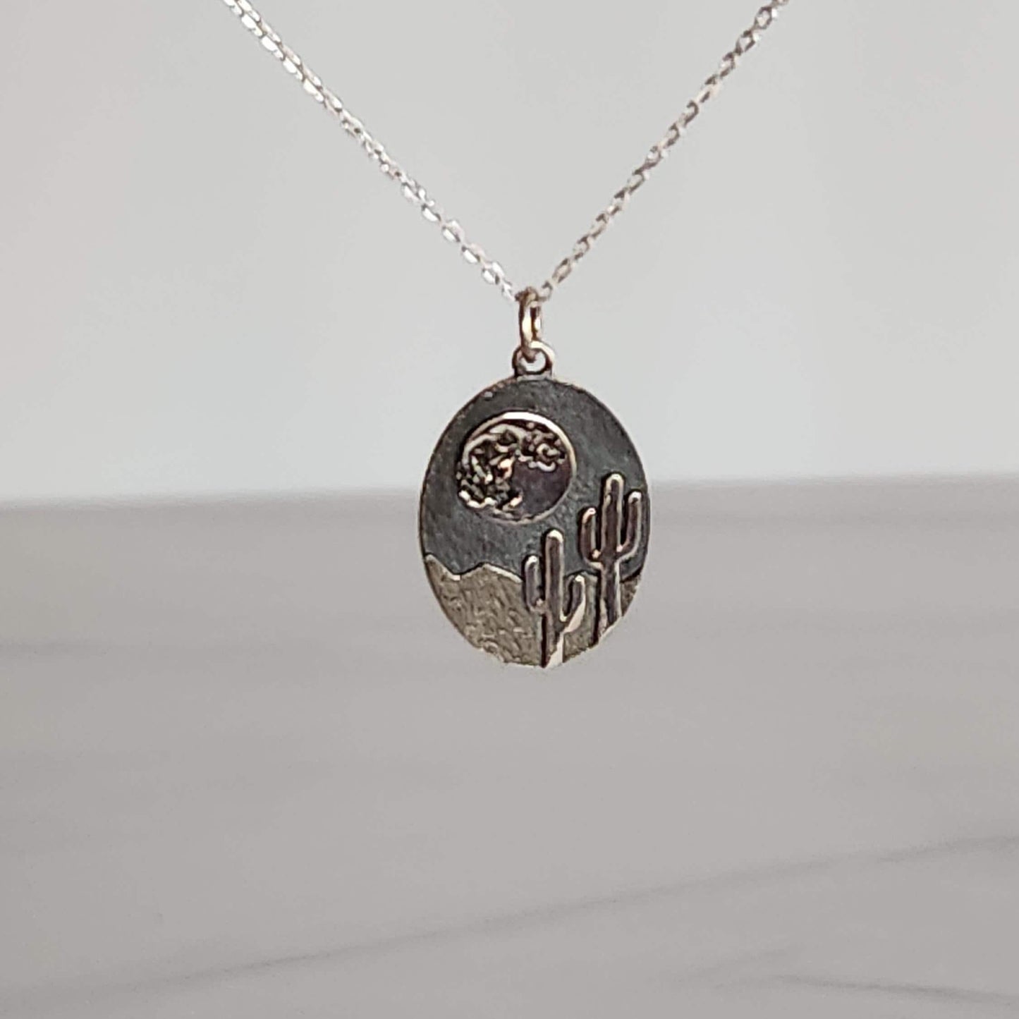 Desert Cactus Pendant Necklace - Sterling Silver Saguaro Moon