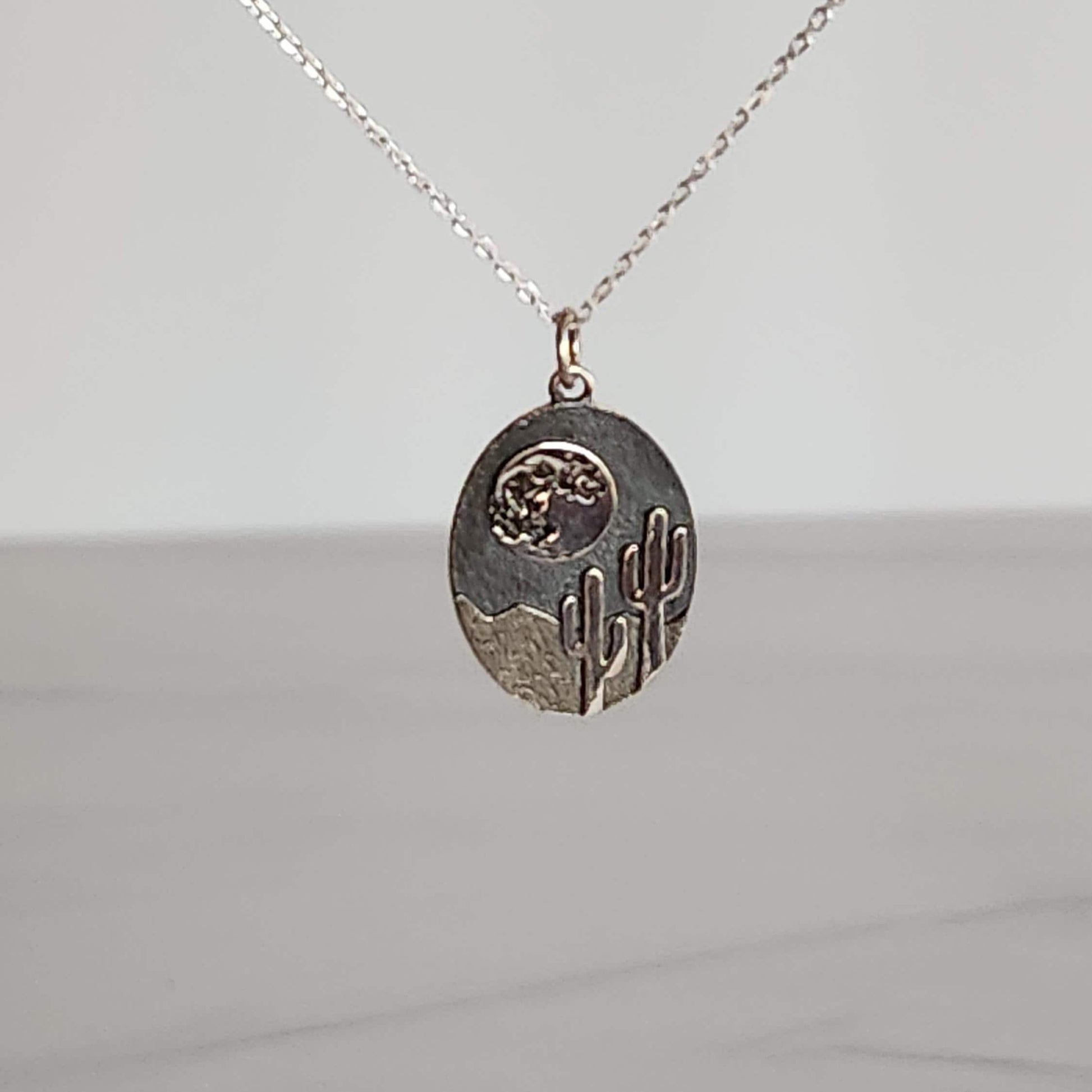 Desert Cactus Pendant Necklace - Sterling Silver Saguaro Moon