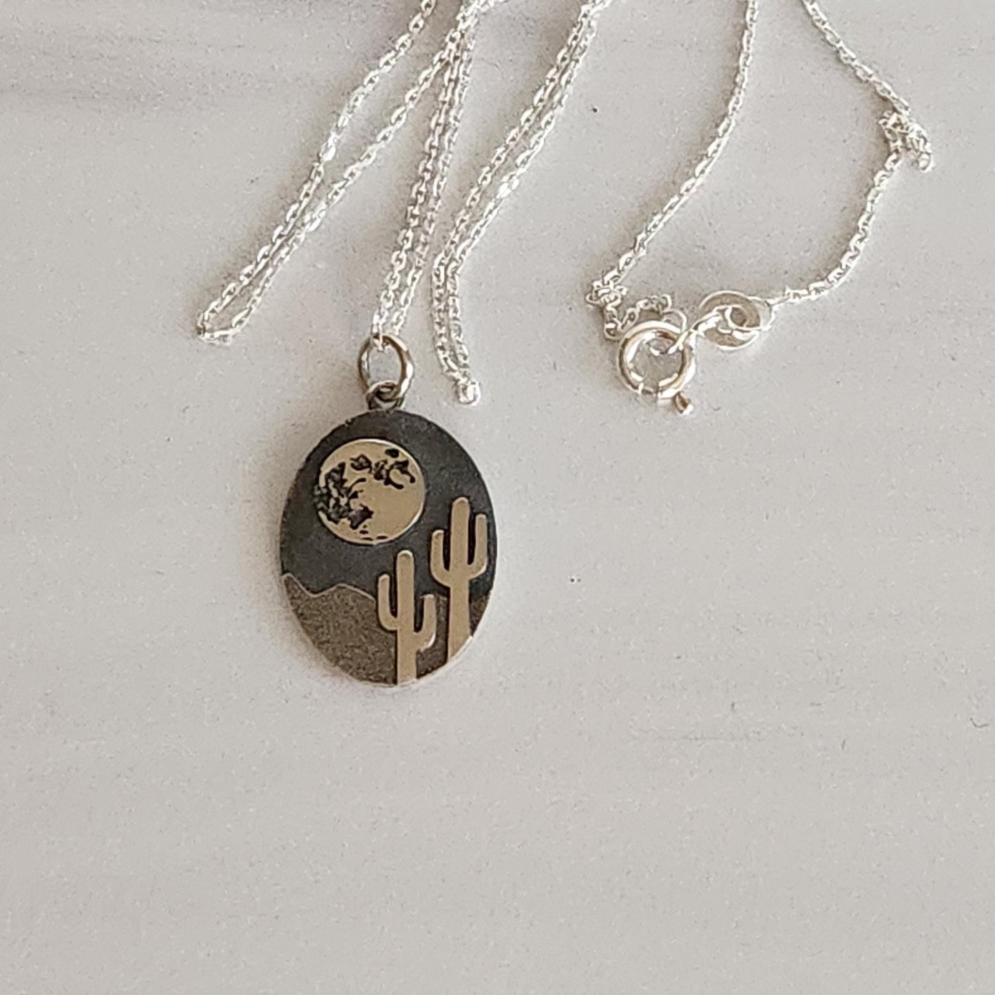 Desert Cactus Pendant Necklace - Sterling Silver Saguaro Moon