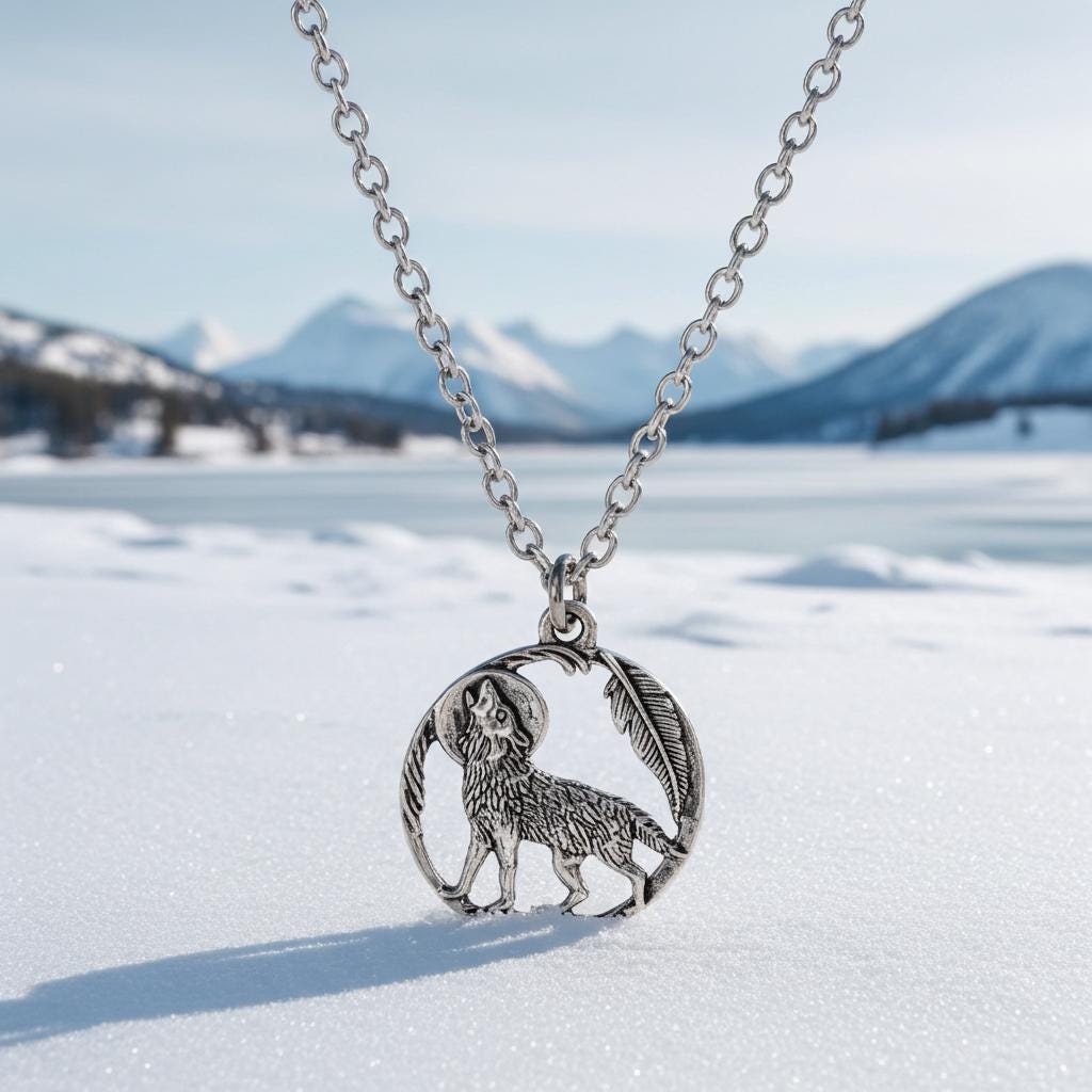 Howling Wolf Necklace - Silver Wolf Moon Pendant, Stainless Steel Chain