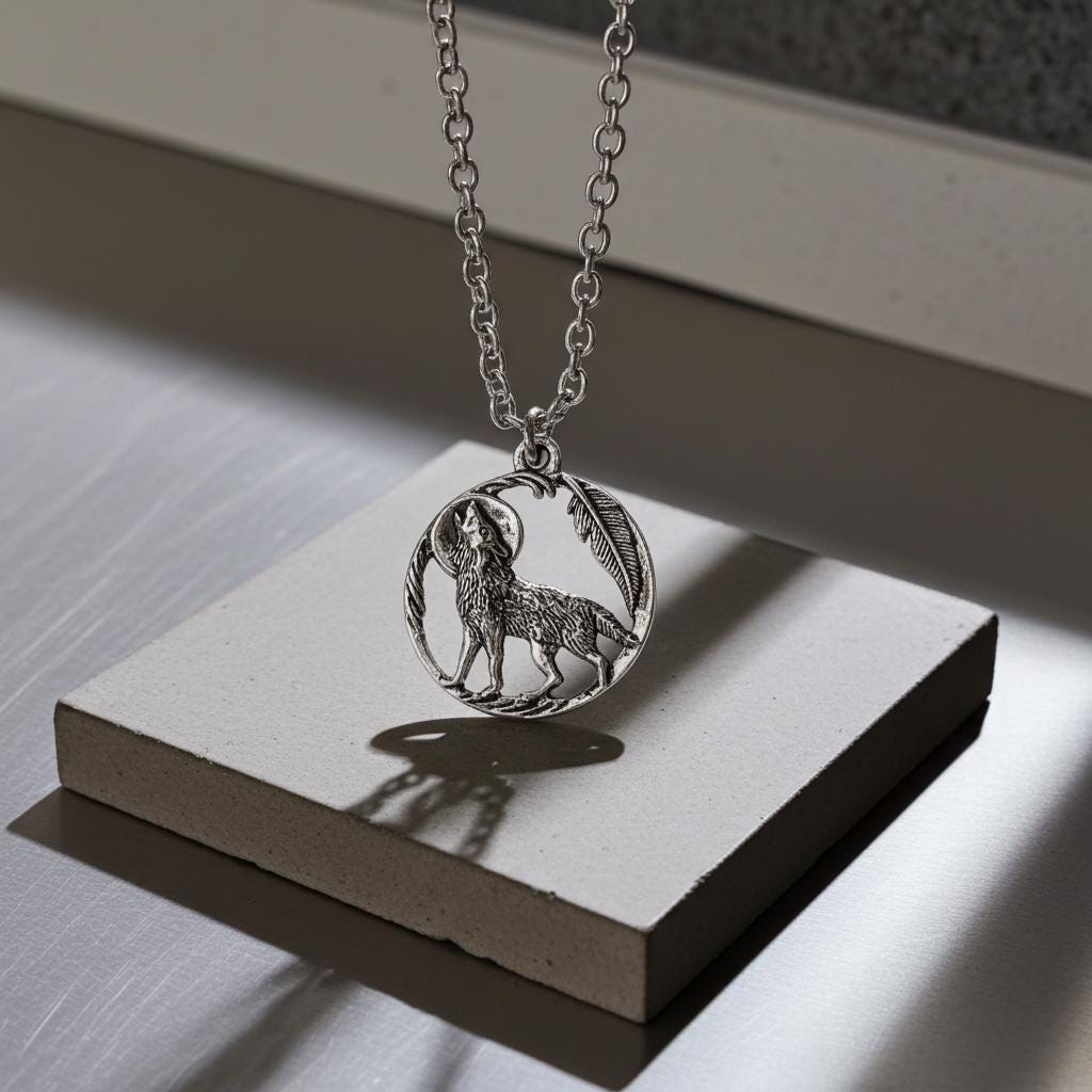 Howling Wolf Necklace - Silver Wolf Moon Pendant, Stainless Steel Chain