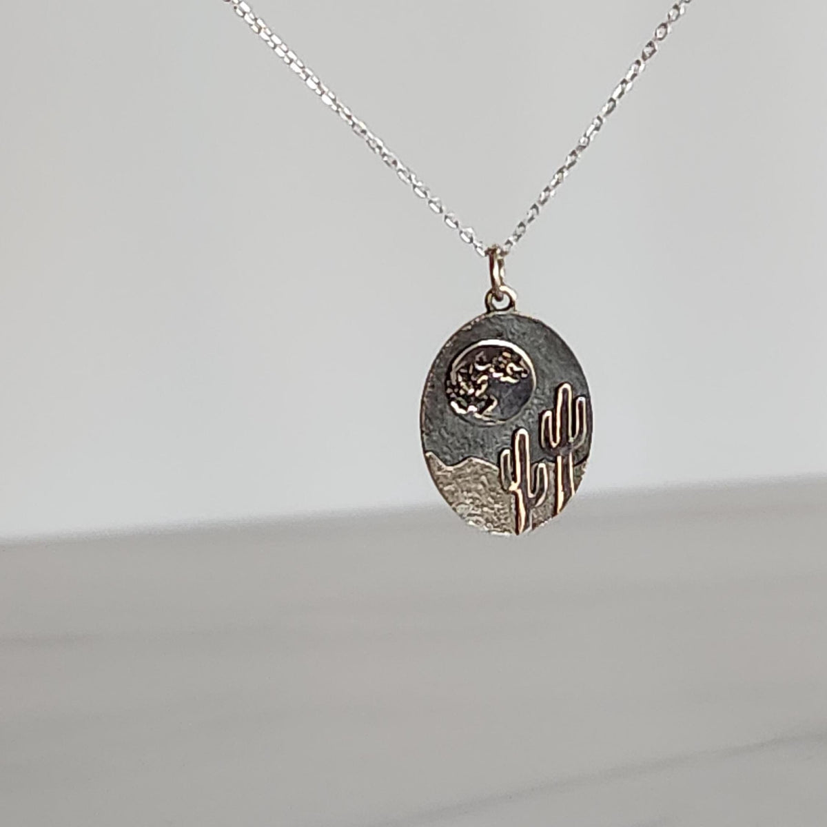 Desert Cactus Pendant Necklace - Sterling Silver Saguaro Moon