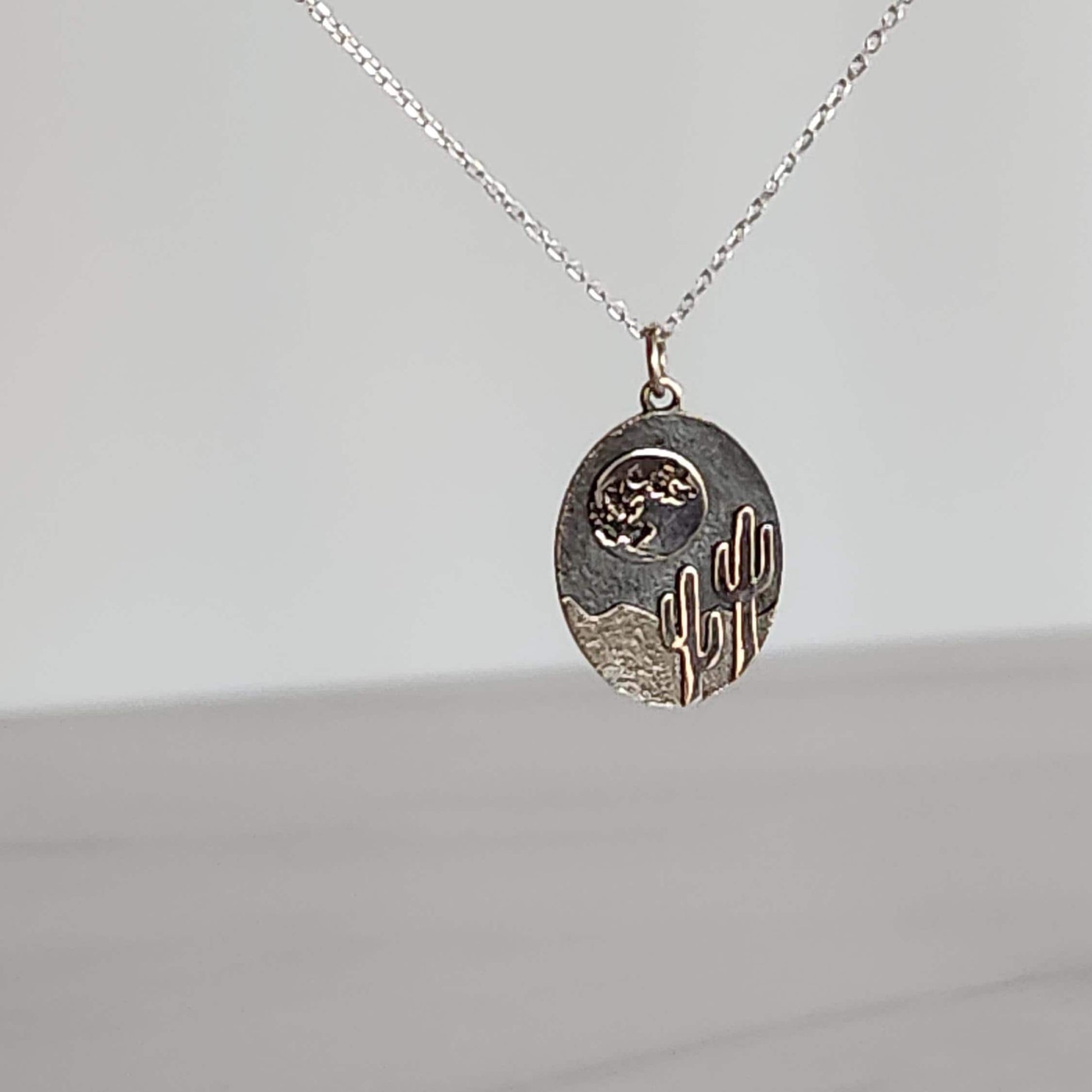 Desert Cactus Pendant Necklace - Sterling Silver Saguaro Moon