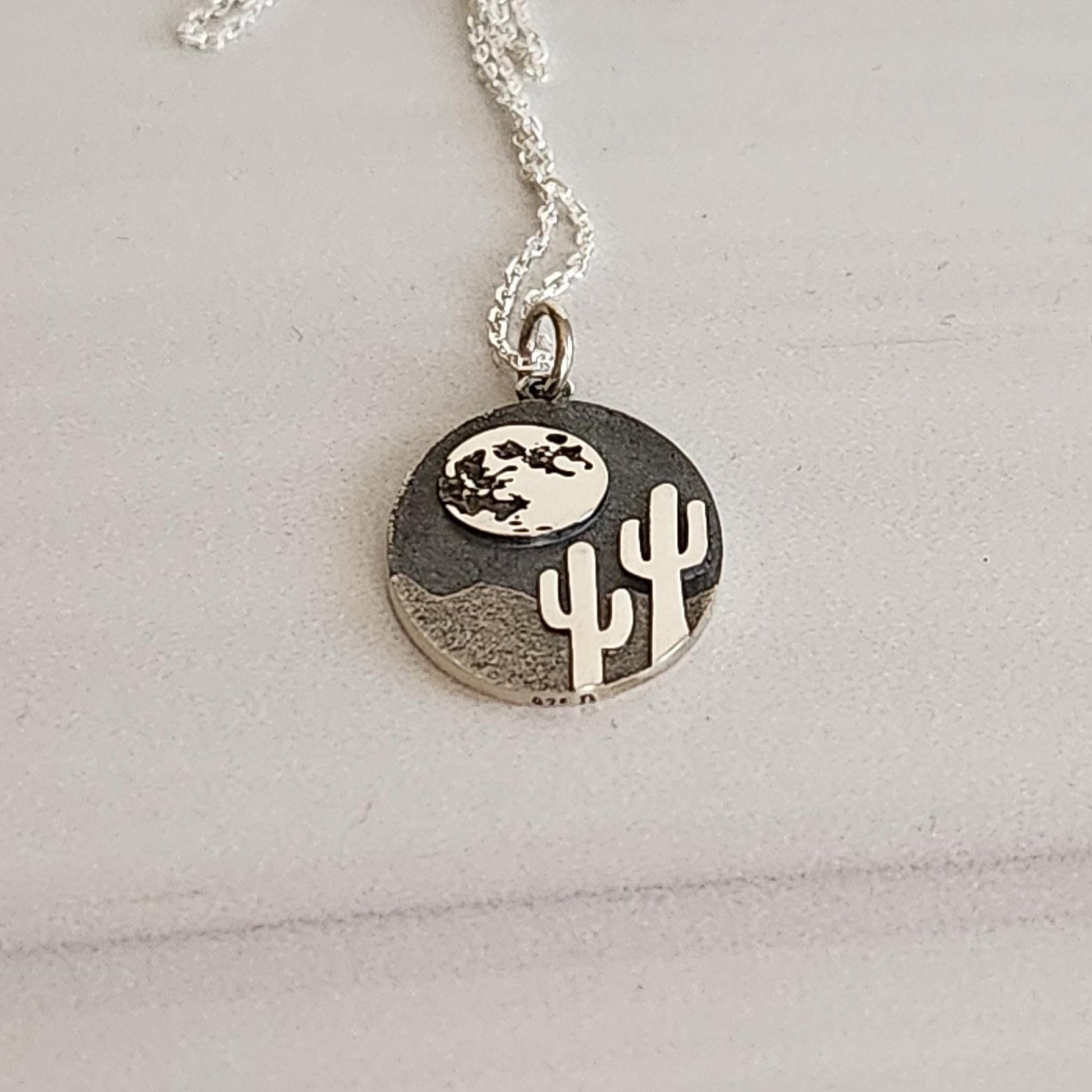 Desert Cactus Pendant Necklace - Sterling Silver Saguaro Moon