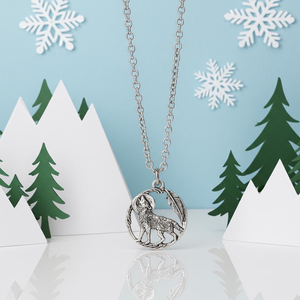 Howling Wolf Necklace - Silver Wolf Moon Pendant, Stainless Steel Chain