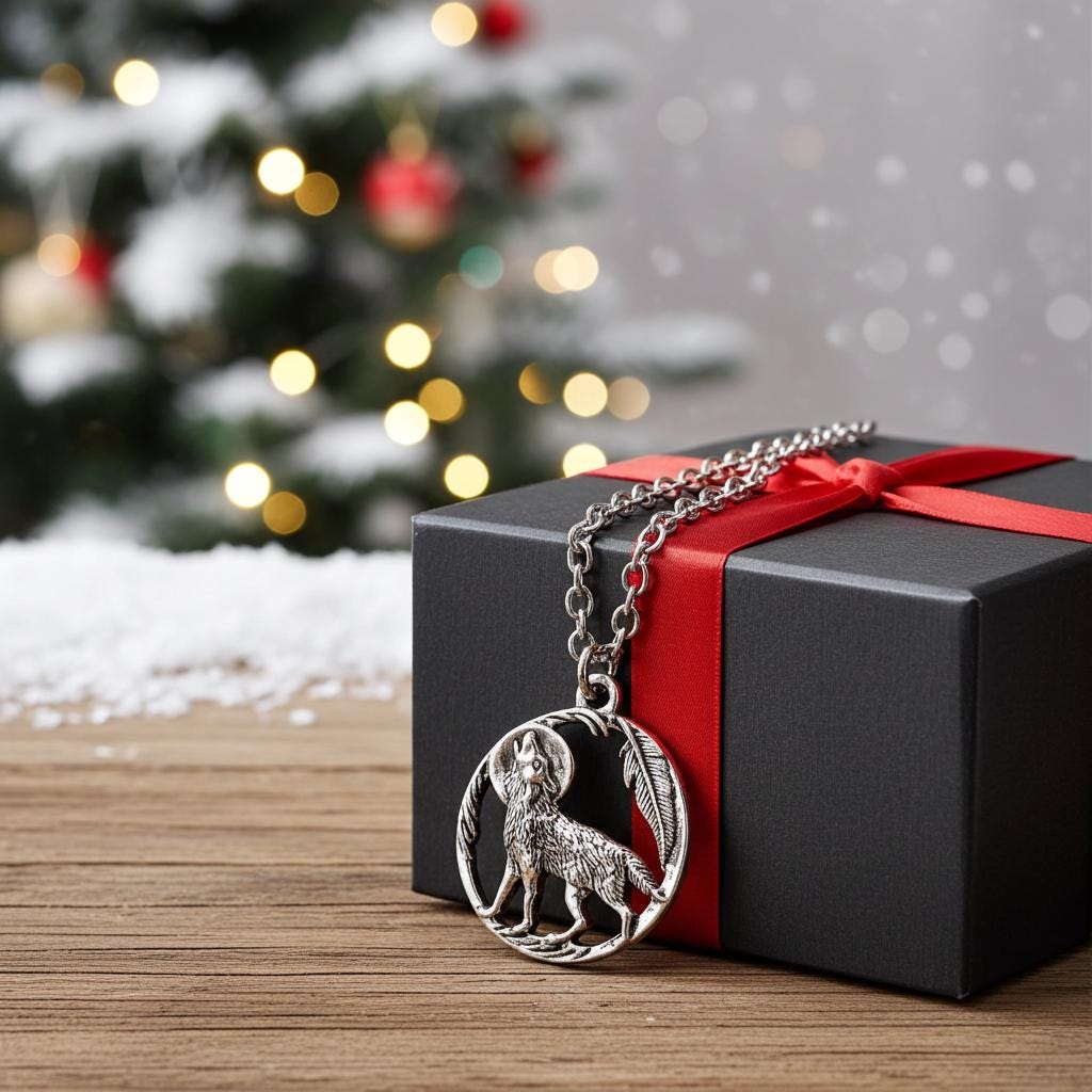 Howling Wolf Necklace - Silver Wolf Moon Pendant, Stainless Steel Chain
