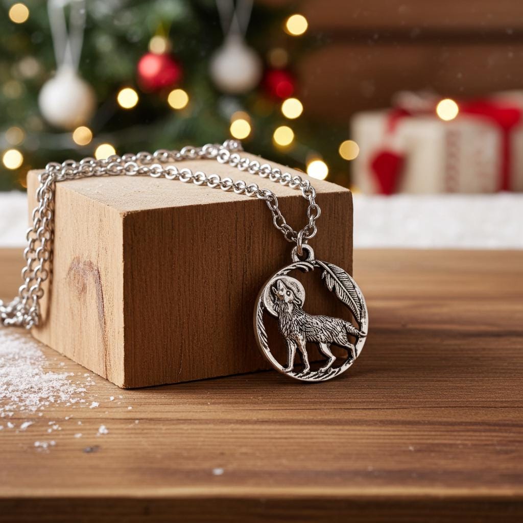 Howling Wolf Necklace - Silver Wolf Moon Pendant, Stainless Steel Chain