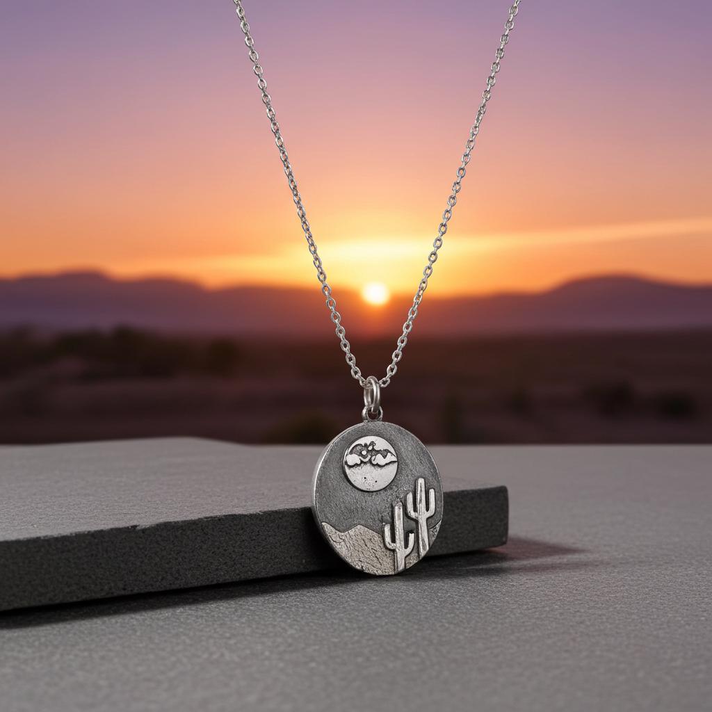 Desert Cactus Pendant Necklace - Sterling Silver Saguaro Moon