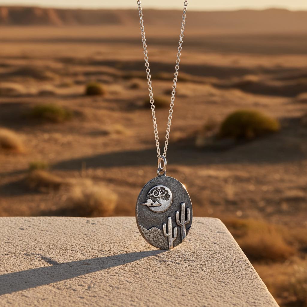 Desert Cactus Pendant Necklace - Sterling Silver Saguaro Moon