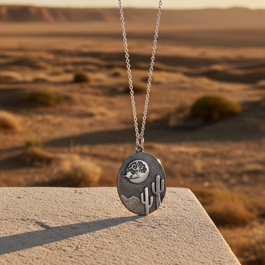 Desert Cactus Pendant Necklace - Sterling Silver Saguaro Moon