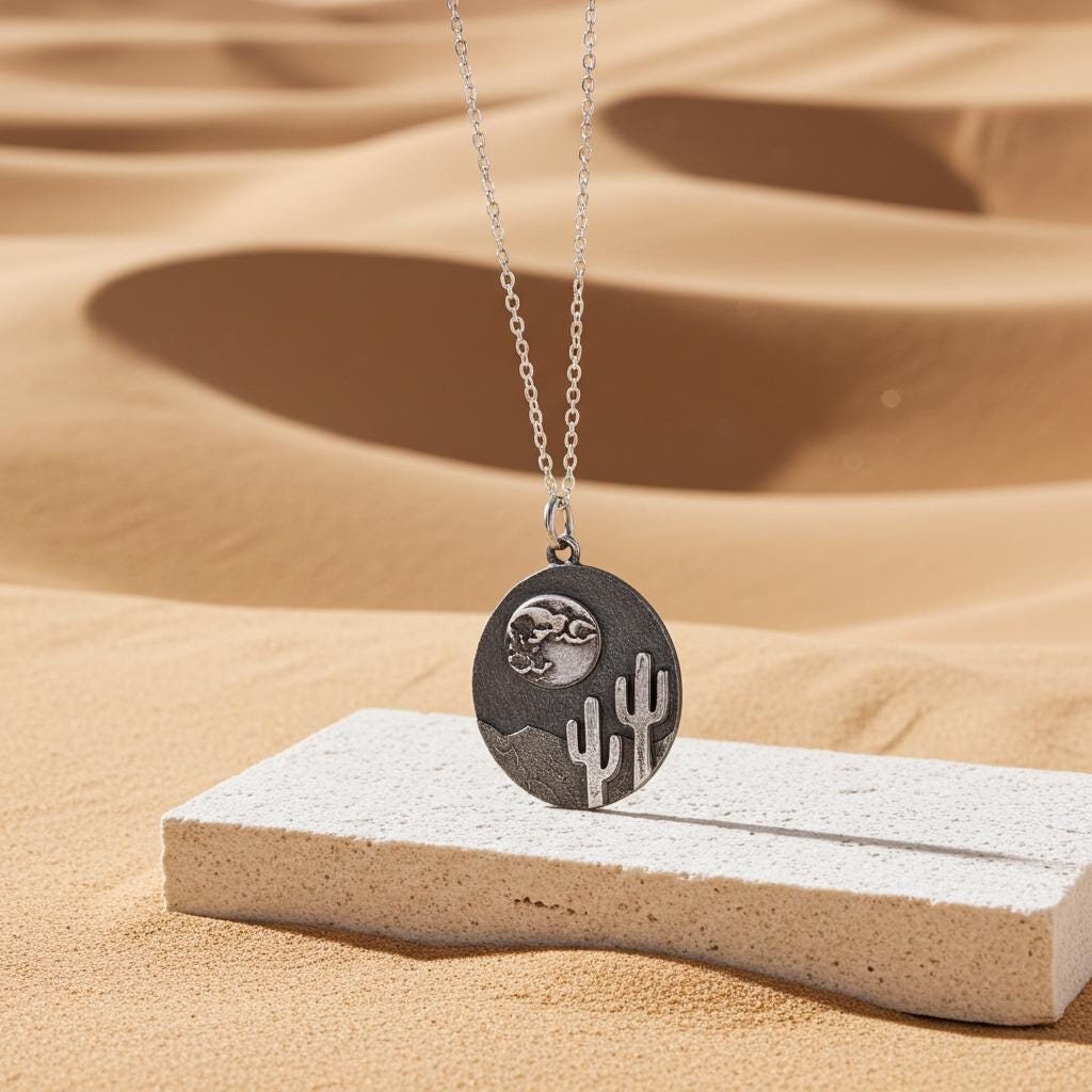 Desert Cactus Pendant Necklace - Sterling Silver Saguaro Moon