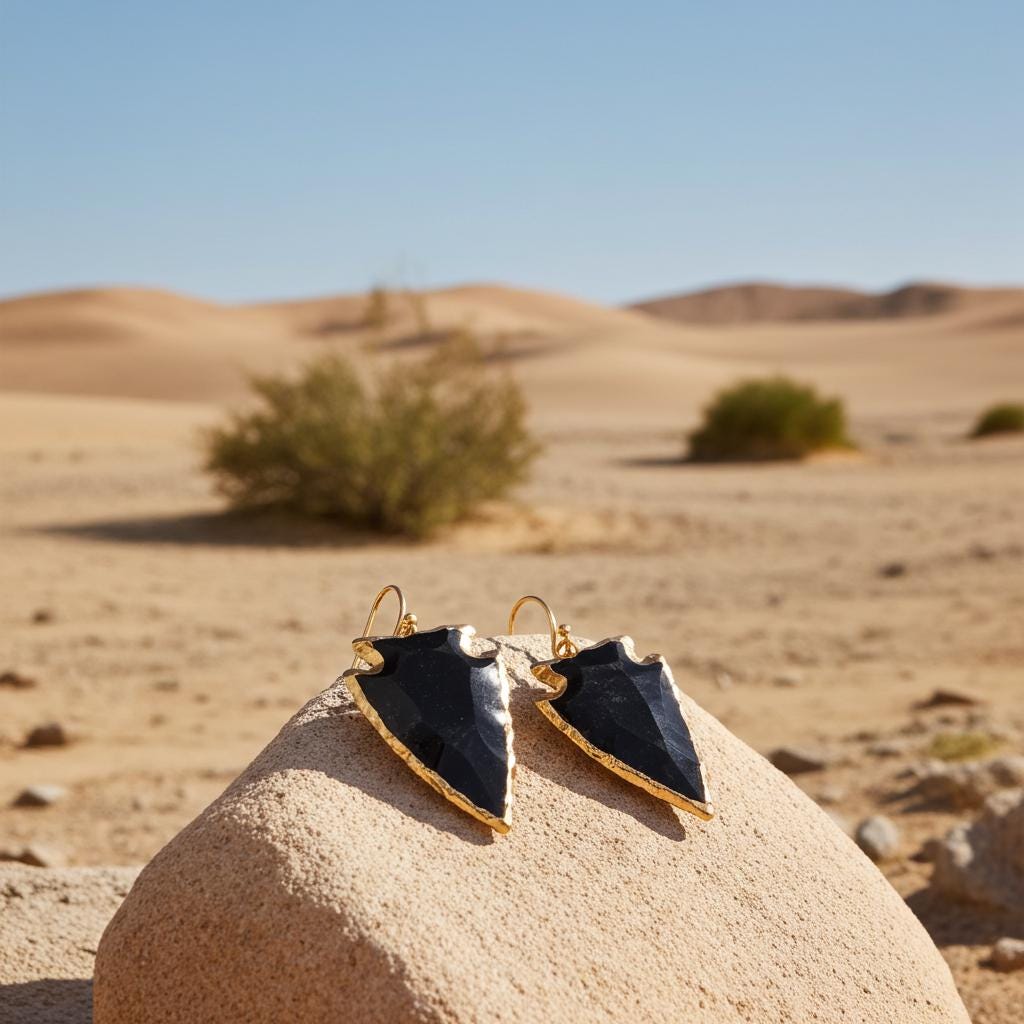Obsidian Arrowhead Earrings - Gold Accent, Southwest Jewelry