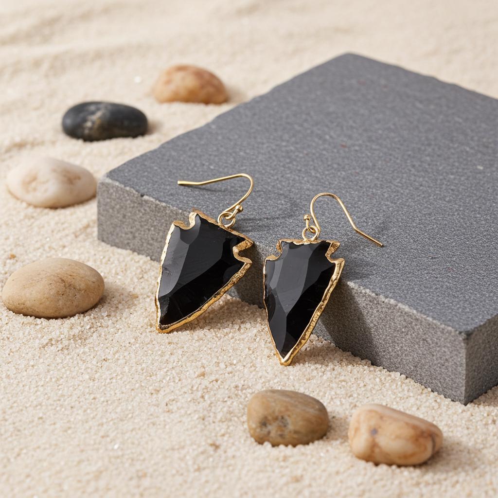 Obsidian Arrowhead Earrings - Gold Accent, Southwest Jewelry