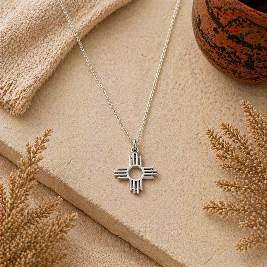 Sterling Silver Zia Sun Pendant Necklace - Southwest Pueblo Design Jewelry