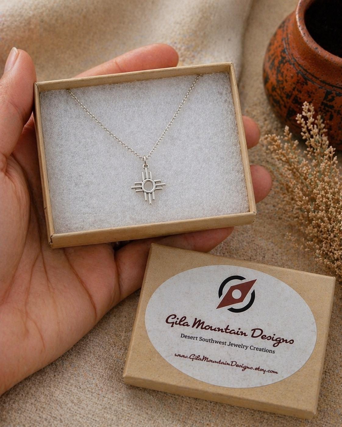 Sterling Silver Zia Sun Pendant Necklace - Southwest Pueblo Design Jewelry