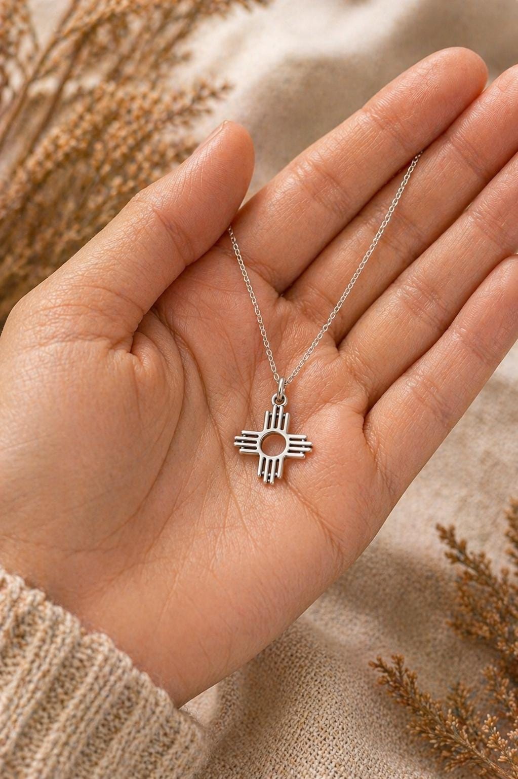 Sterling Silver Zia Sun Pendant Necklace - Southwest Pueblo Design Jewelry