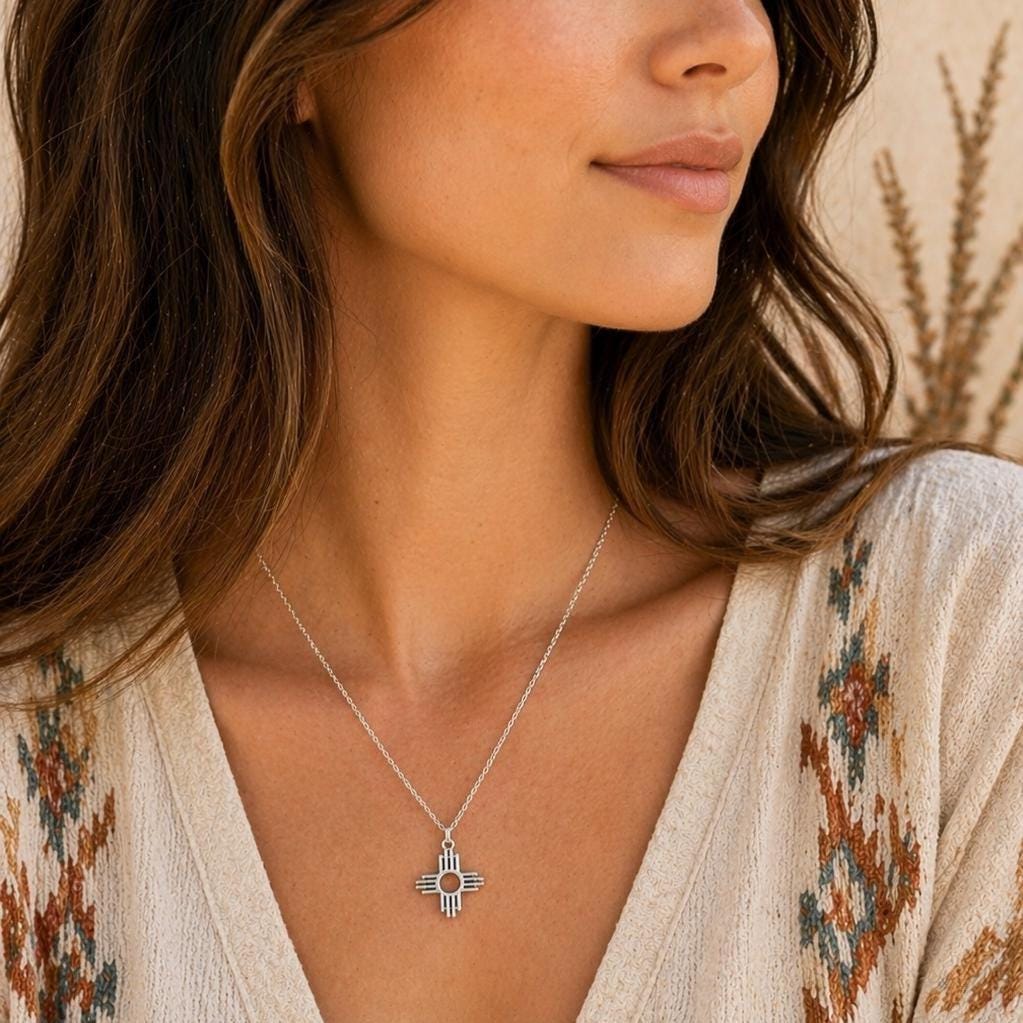 Sterling Silver Zia Sun Pendant Necklace - Southwest Pueblo Design Jewelry