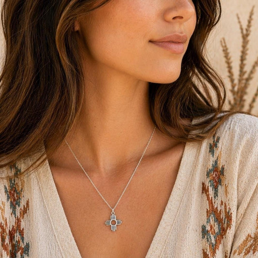 Sterling Silver Zia Sun Pendant Necklace - Southwest Pueblo Design Jewelry
