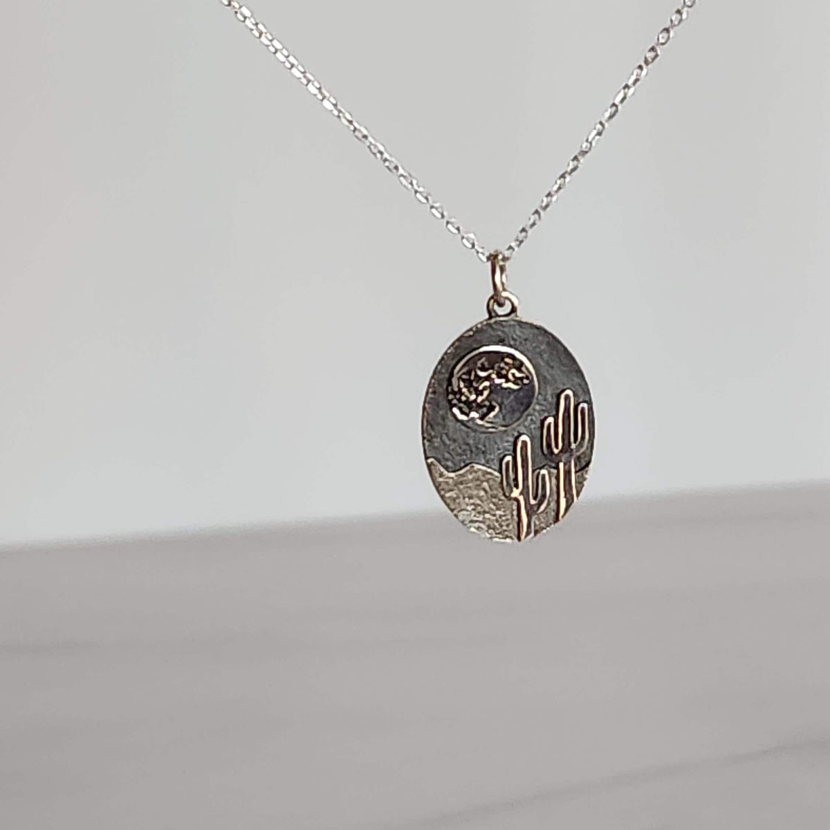 Desert Cactus Pendant Necklace - Sterling Silver Saguaro Moon
