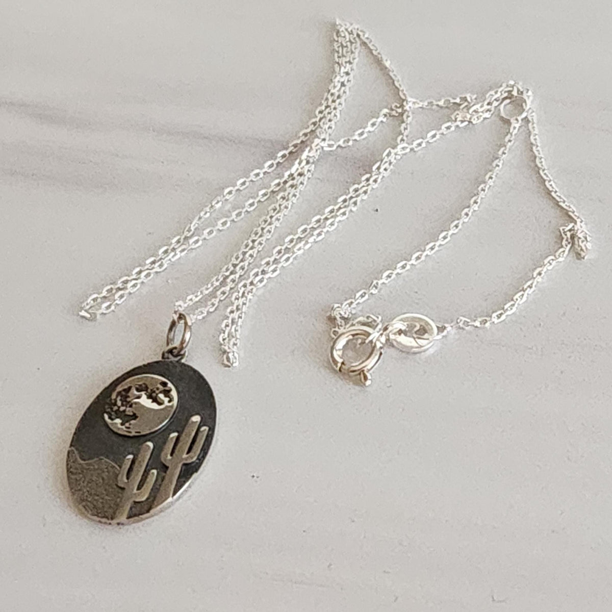 Desert Cactus Pendant Necklace - Sterling Silver Saguaro Moon