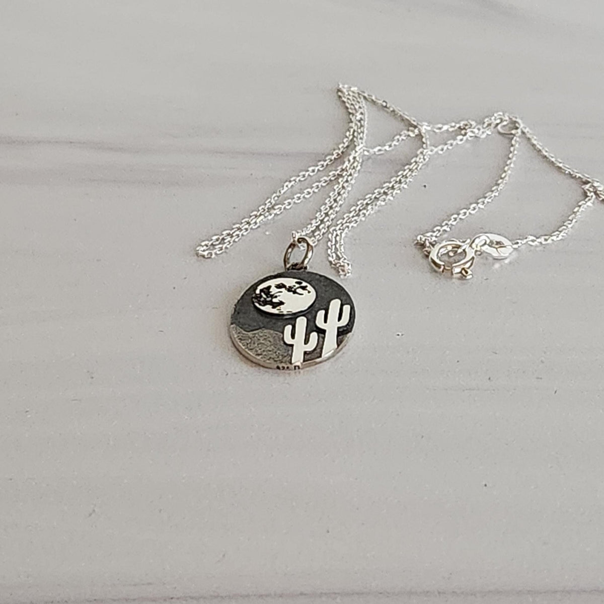 Desert Cactus Pendant Necklace - Sterling Silver Saguaro Moon