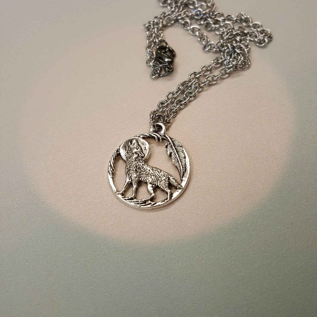 Howling Wolf Necklace - Silver Wolf Moon Pendant, Stainless Steel Chain