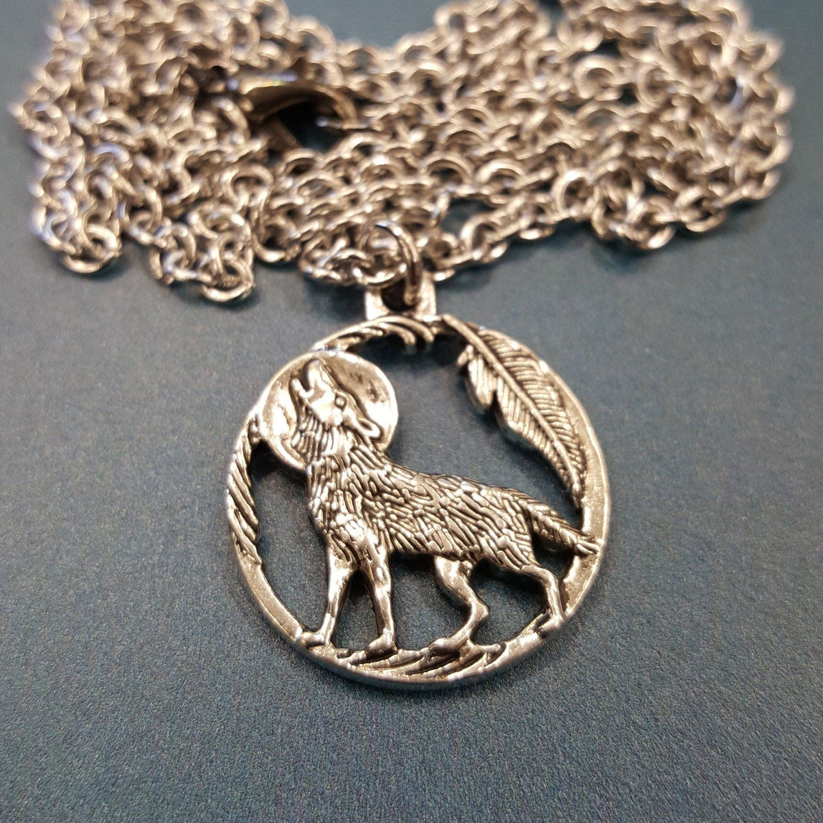 Howling Wolf Necklace - Silver Wolf Moon Pendant, Stainless Steel Chain