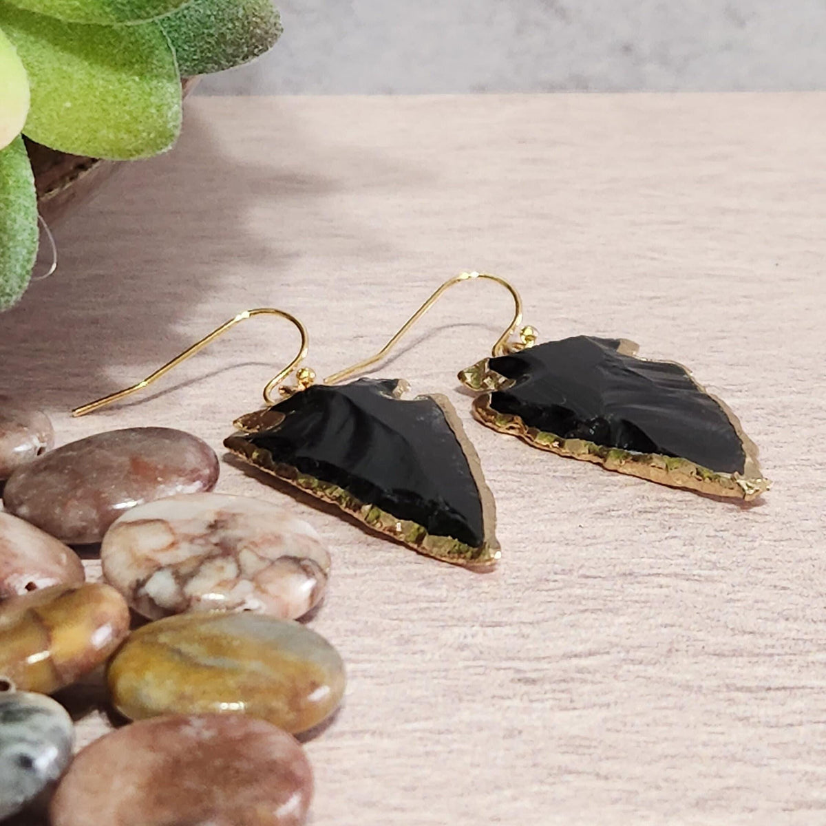 Obsidian Arrowhead Earrings - Gold Accent, Southwest Jewelry