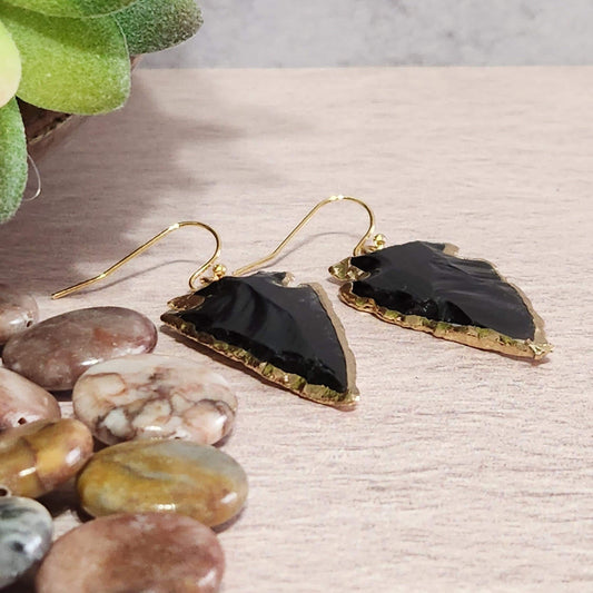 Obsidian Arrowhead Earrings - Gold Accent, Southwest Jewelry
