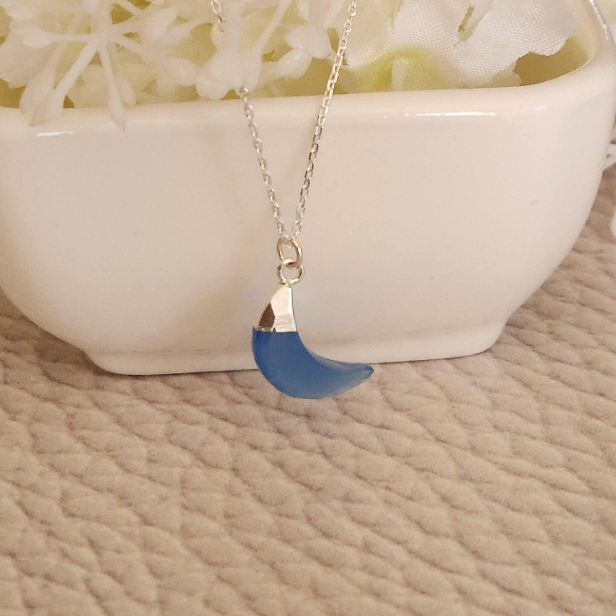 Blue Chalcedony Crescent Moon Necklace - Sterling Silver Celestial Pendant