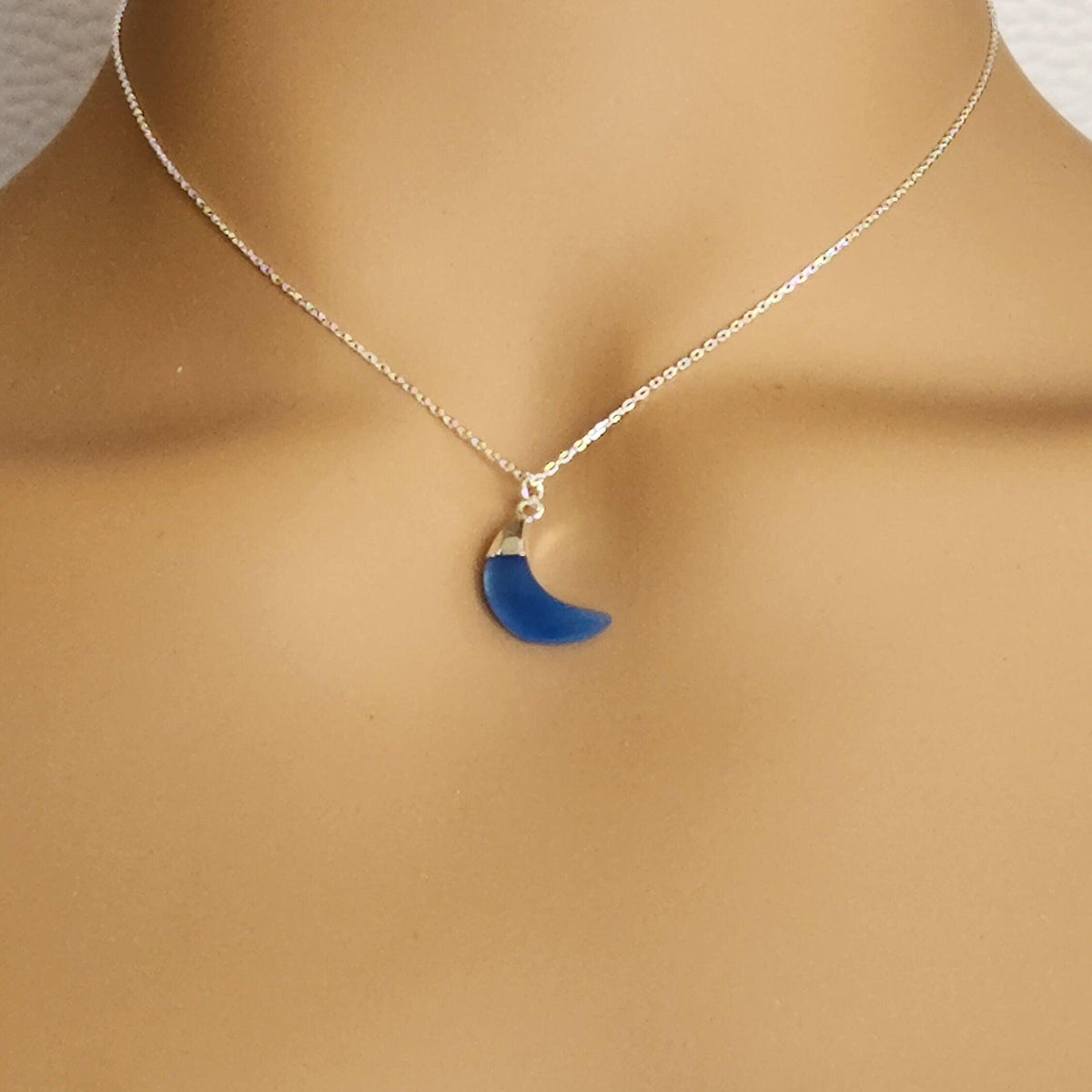 Blue Chalcedony Crescent Moon Necklace - Sterling Silver Celestial Pendant