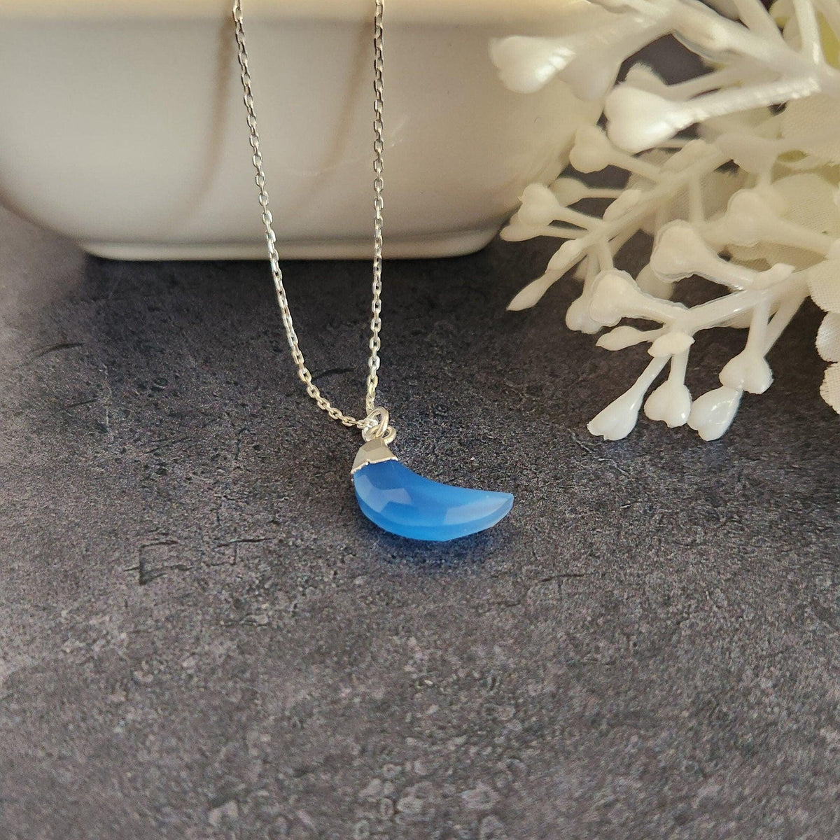 Blue Chalcedony Crescent Moon Necklace - Sterling Silver Celestial Pendant