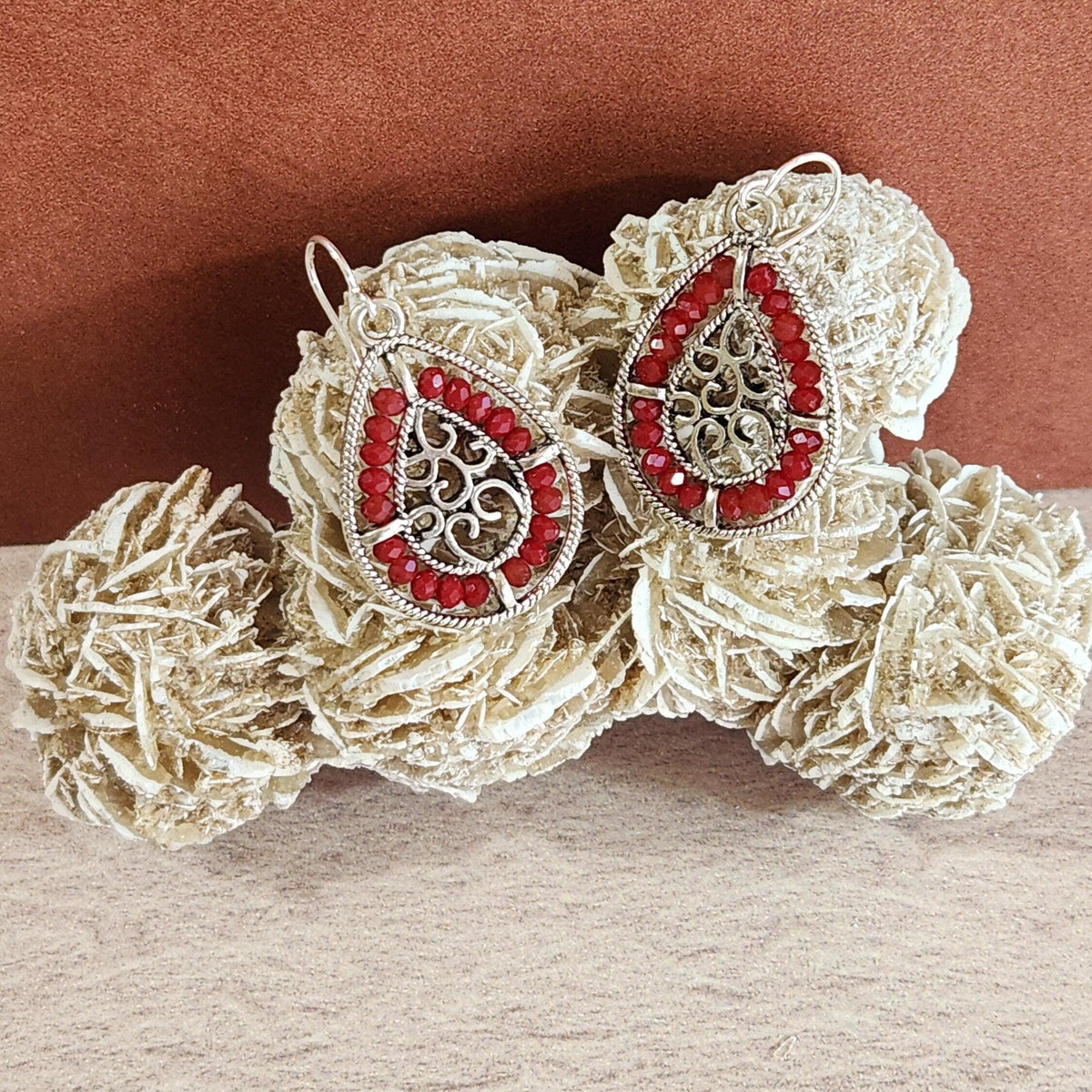 Beaded Teardrop Dangle Earrings - Silver Frame, Entwined Hearts