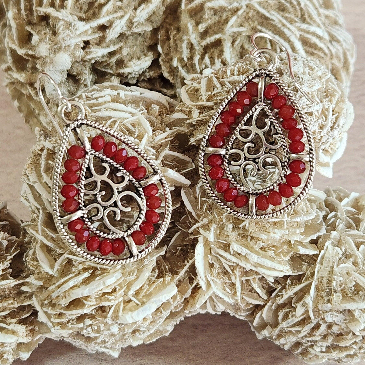 Beaded Teardrop Dangle Earrings - Silver Frame, Entwined Hearts