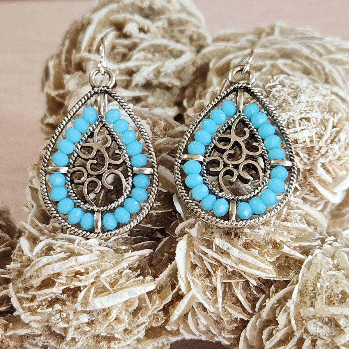 Beaded Teardrop Dangle Earrings - Silver Frame, Entwined Hearts