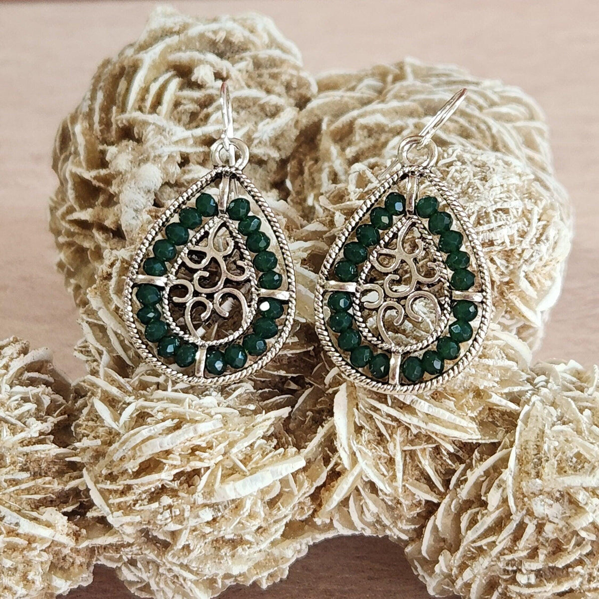 Beaded Teardrop Dangle Earrings - Silver Frame, Entwined Hearts