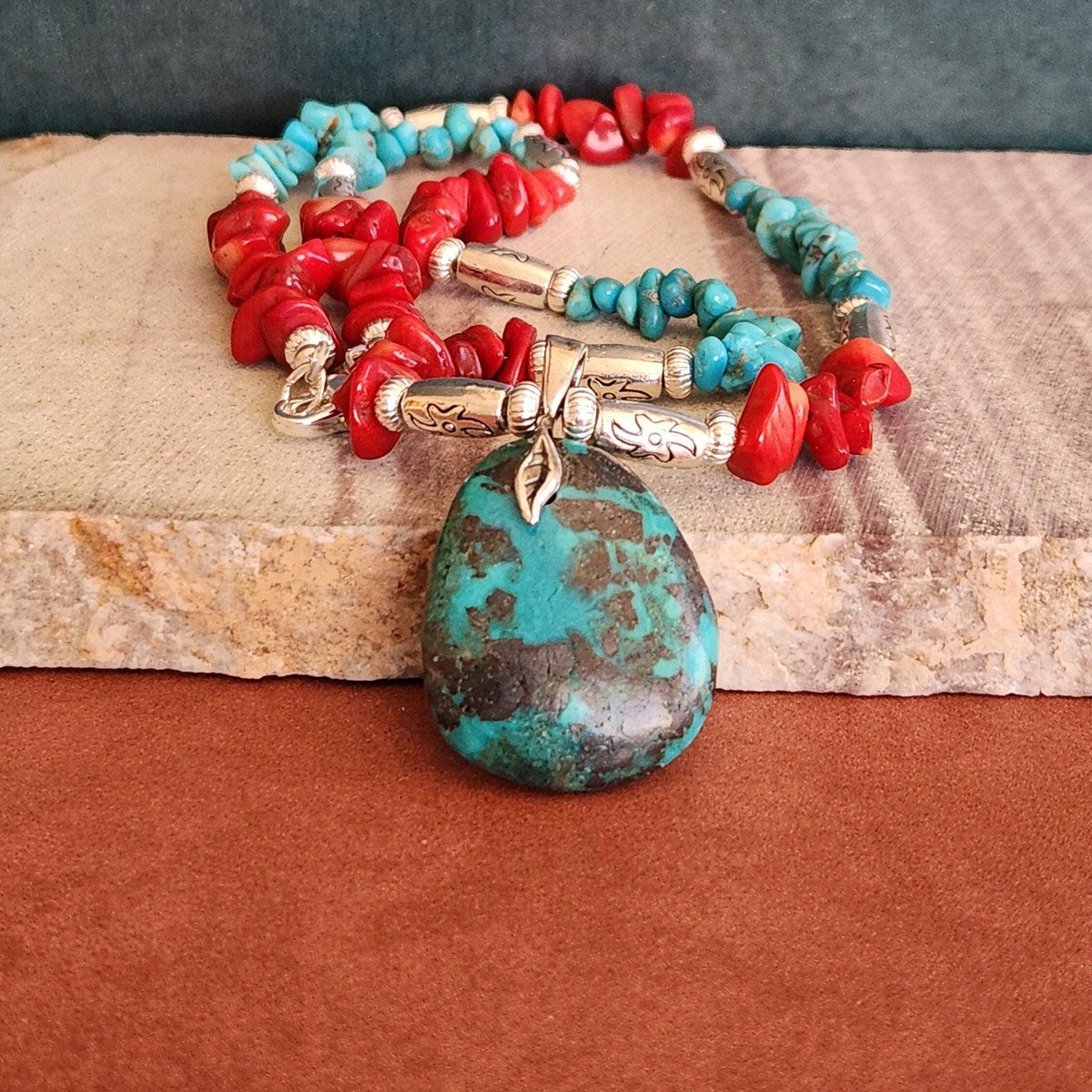 Turquoise Teardrop Pendant Necklace - Coral & Silver Accents, Southwestern Style