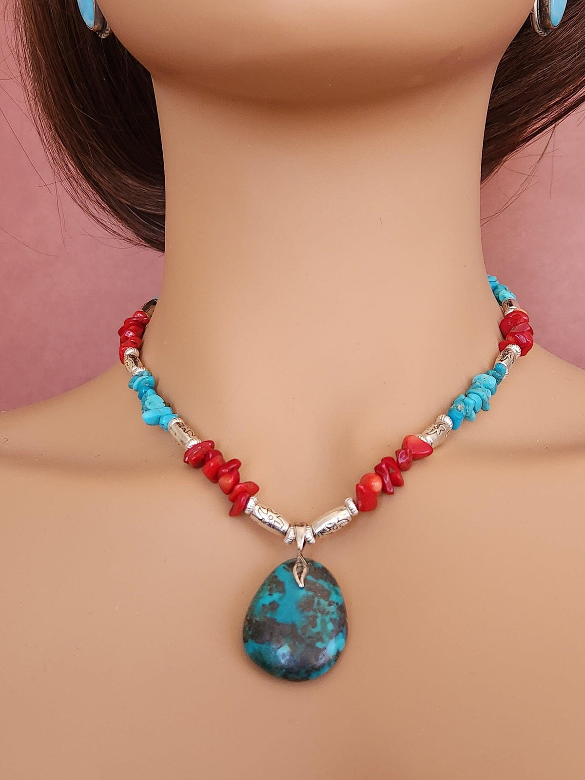 Turquoise Teardrop Pendant Necklace - Coral & Silver Accents, Southwestern Style