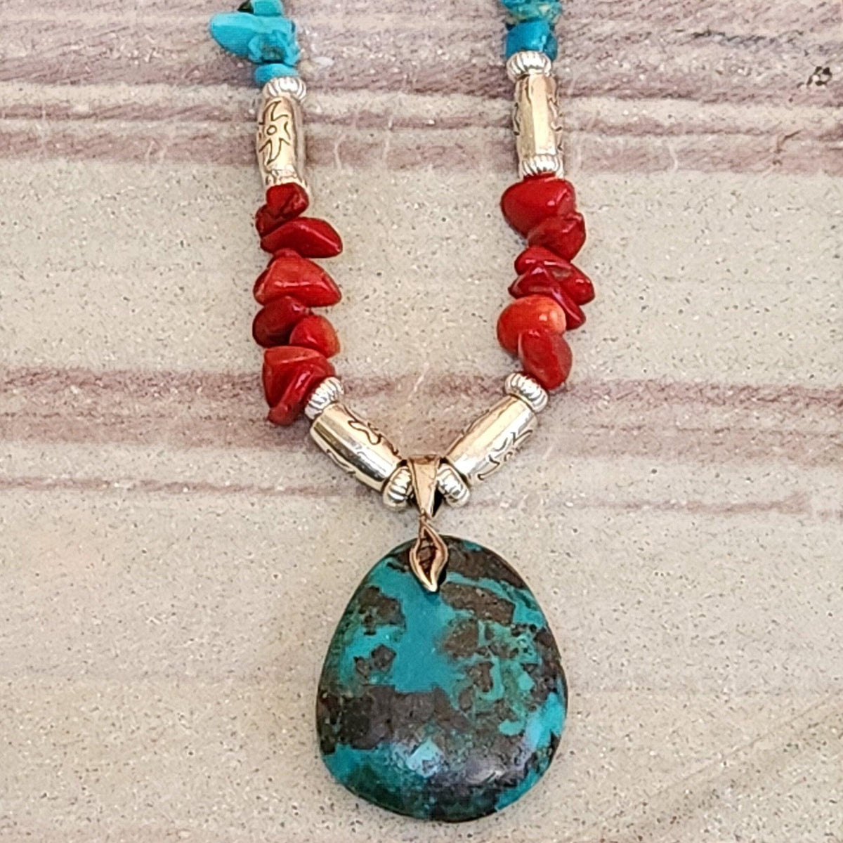 Turquoise Teardrop Pendant Necklace - Coral & Silver Accents, Southwestern Style