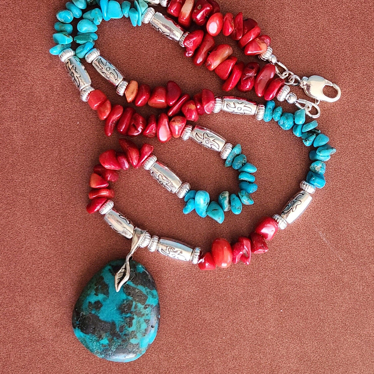 Turquoise Teardrop Pendant Necklace - Coral & Silver Accents, Southwestern Style