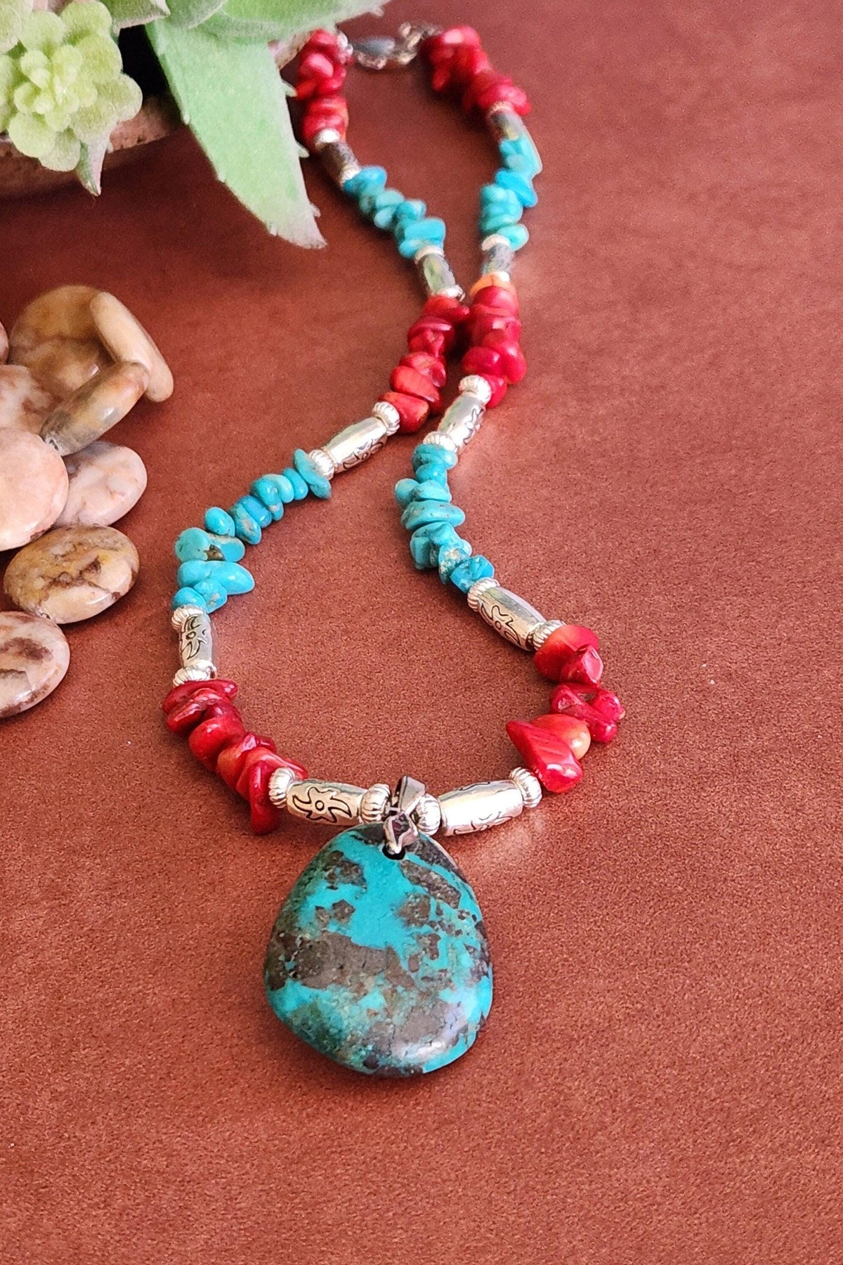 Turquoise Teardrop Pendant Necklace - Coral & Silver Accents, Southwestern Style