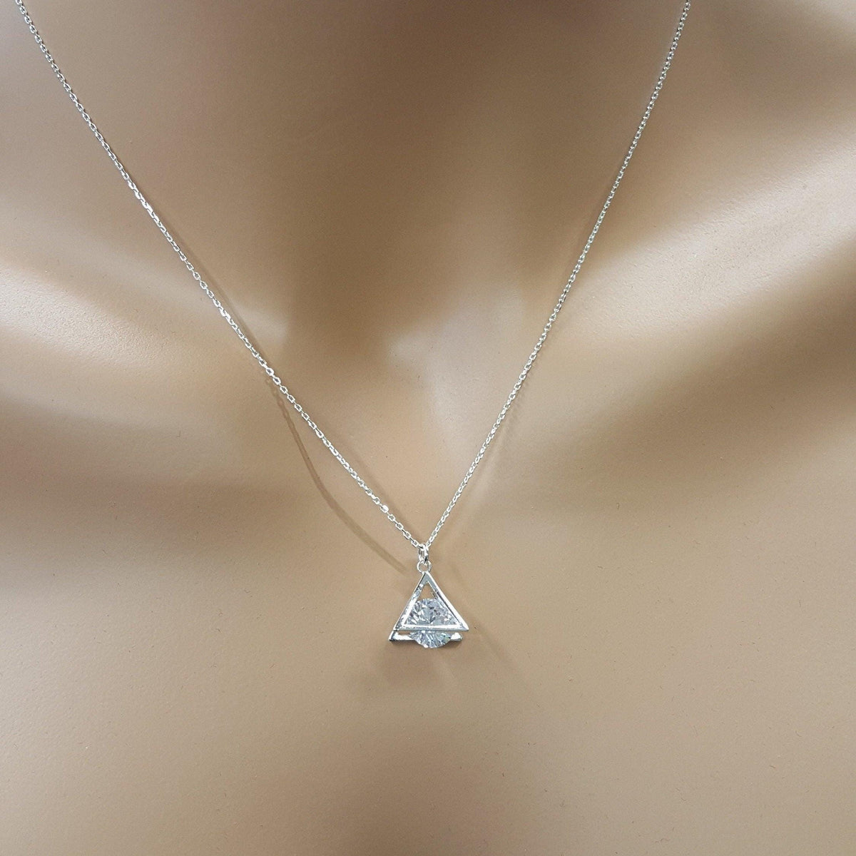 Sterling Silver CZ Pyramid Necklace - Dainty Cubic Zirconia Pendant