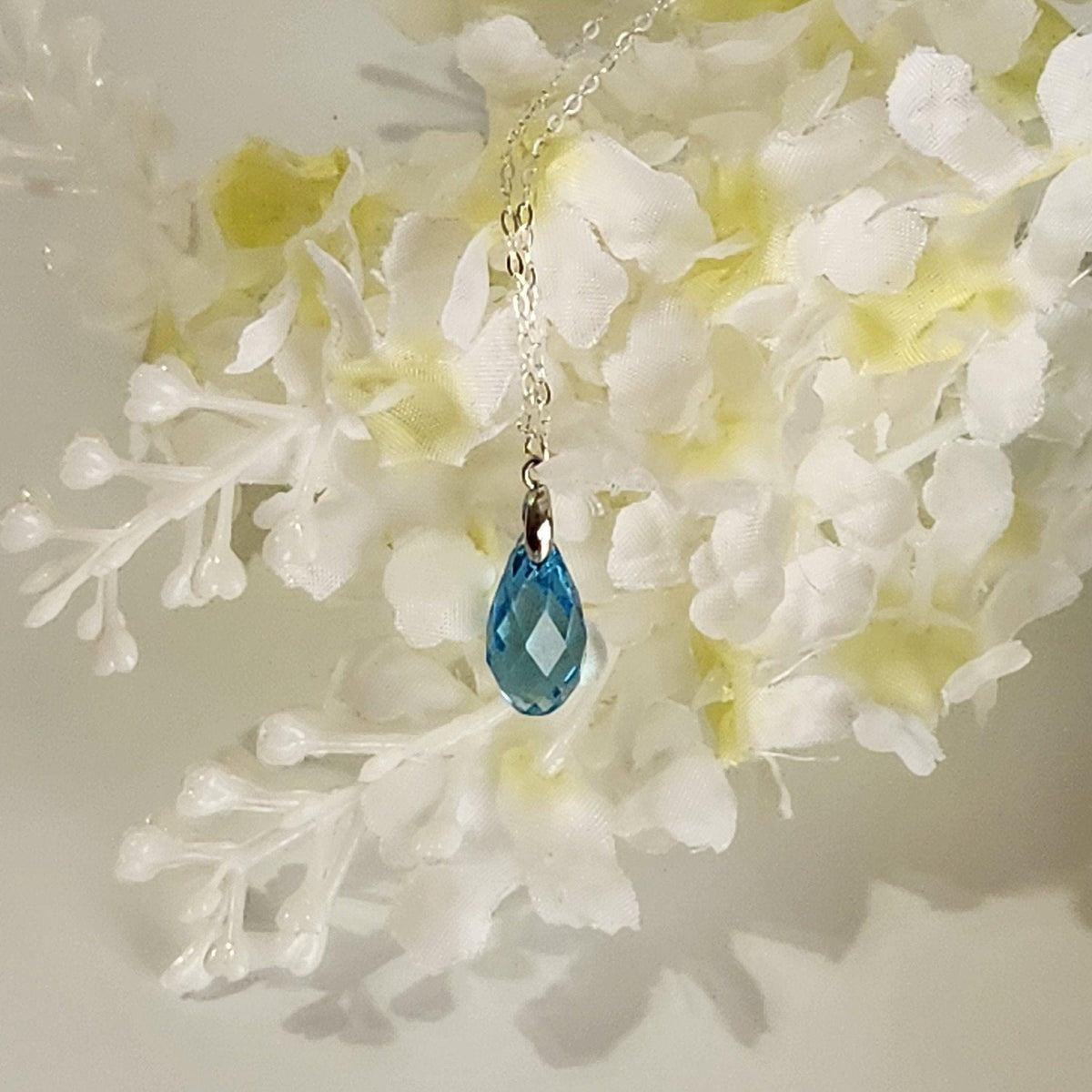 Aquamarine Crystal Necklace - Sterling Silver Briolette Pendant, March Birthstone