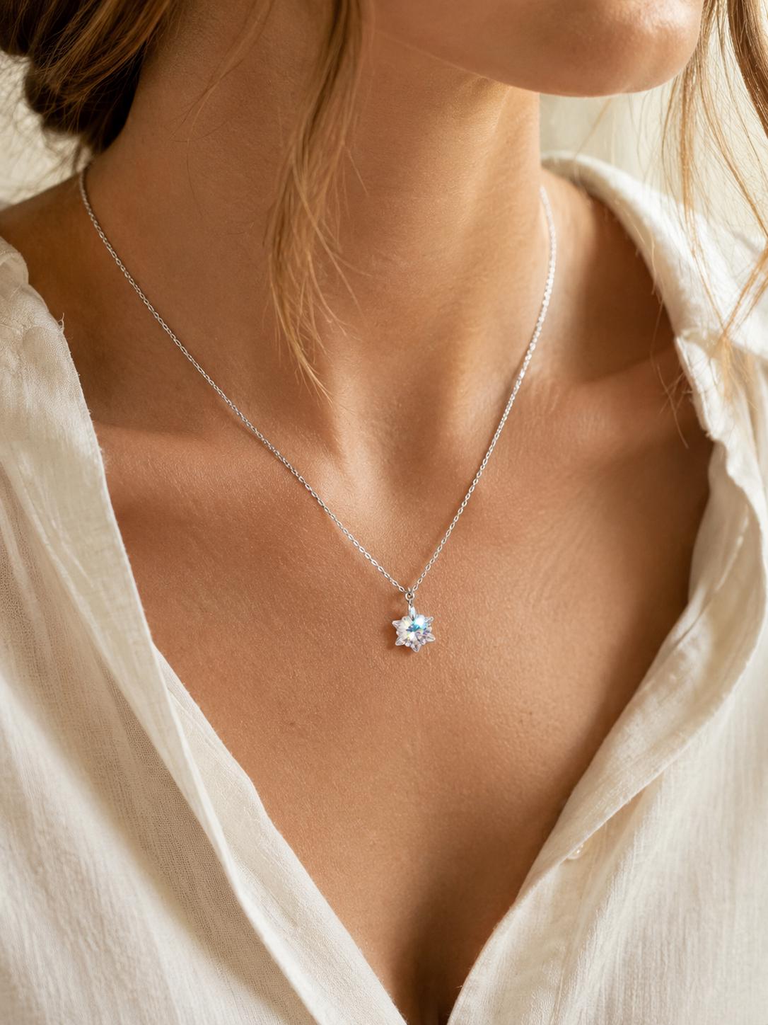 Crystal Snowflake Necklace - Sterling Silver Winter Pendant