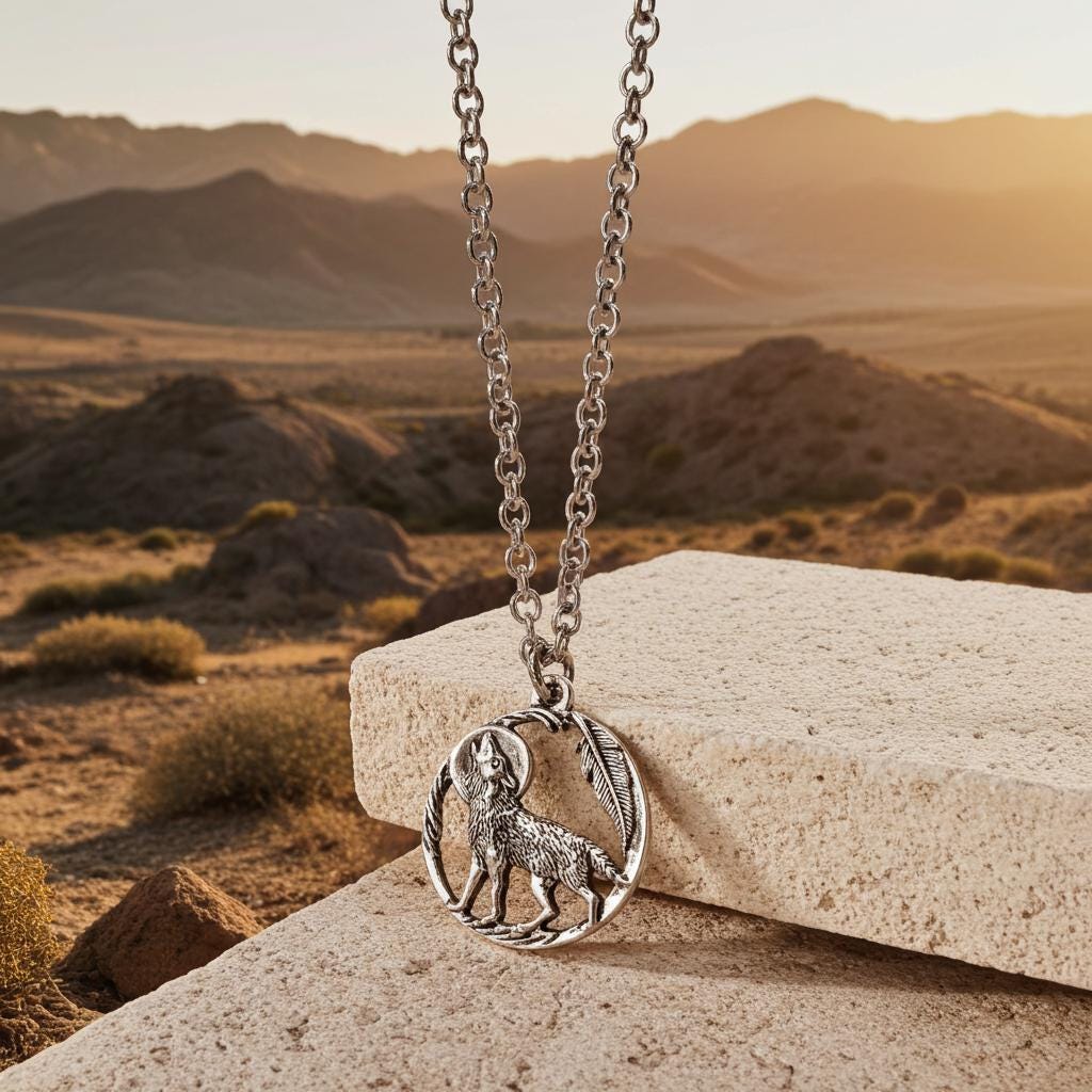 Howling Wolf Necklace - Silver Wolf Moon Pendant, Stainless Steel Chain