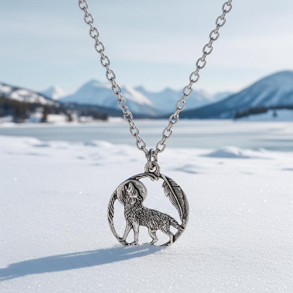 Howling Wolf Necklace - Silver Wolf Moon Pendant, Stainless Steel Chain