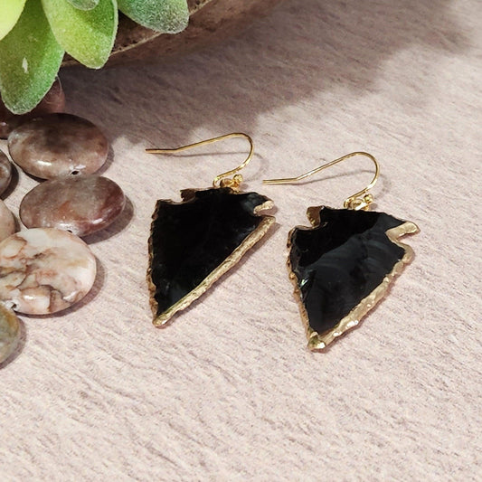 Obsidian Arrowhead Earrings - Gold Accent, Southwest Jewelry