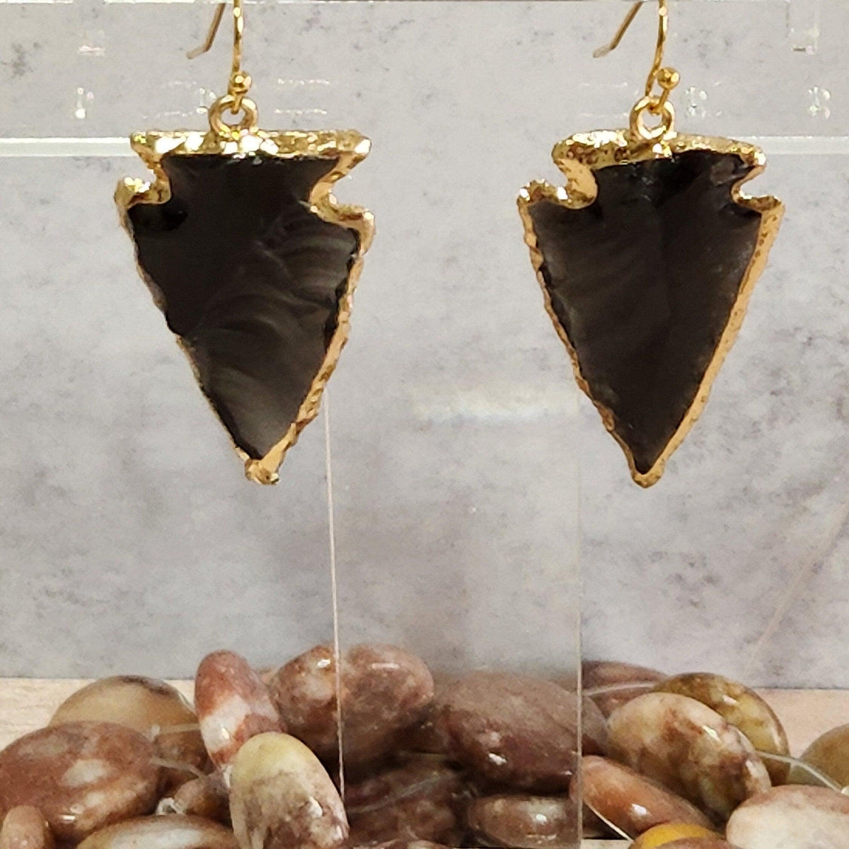 Obsidian Arrowhead Earrings - Gold Accent, Southwest Jewelry