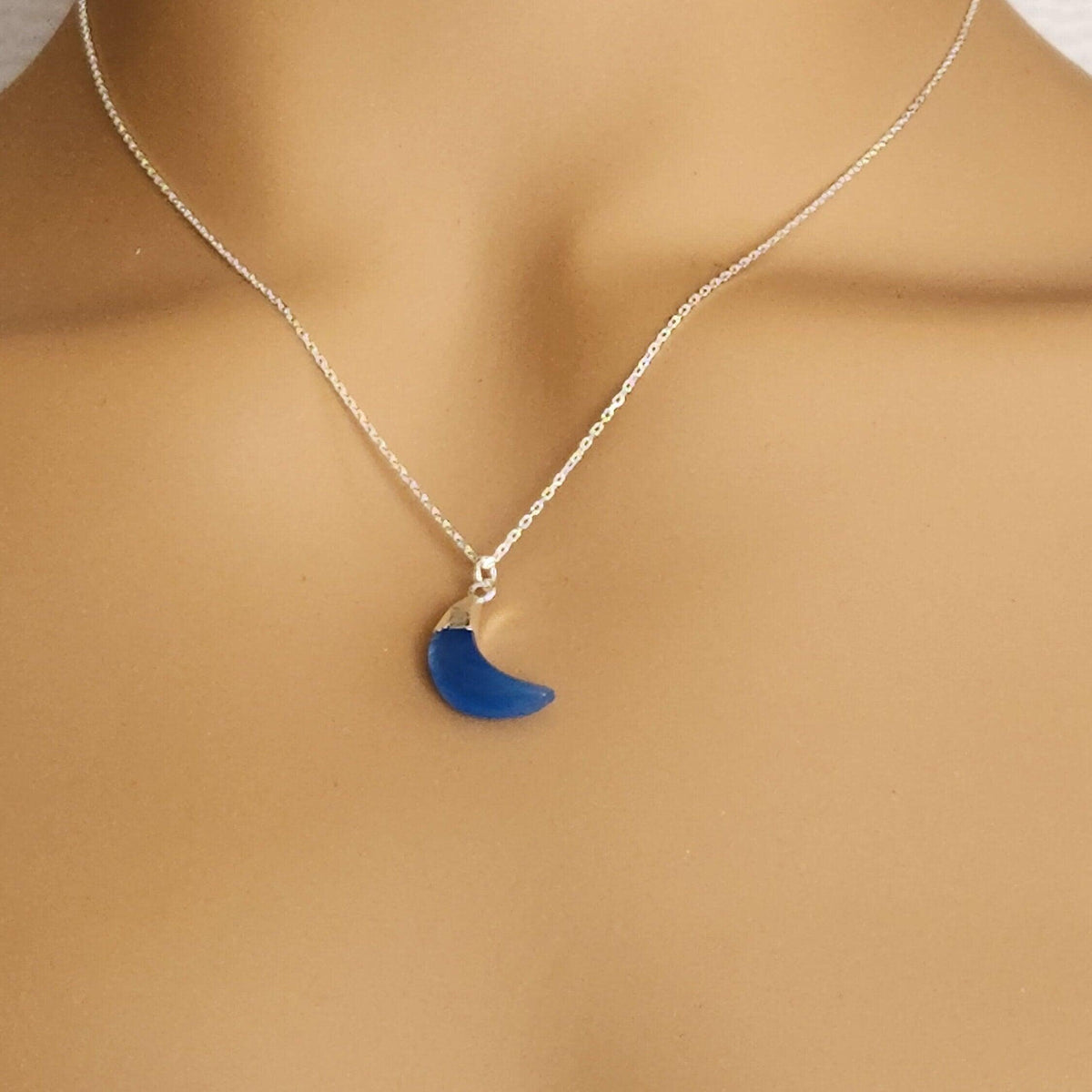 Blue Chalcedony Crescent Moon Necklace - Sterling Silver Celestial Pendant